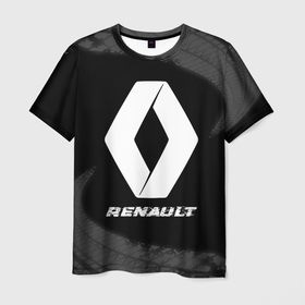 Мужская футболка 3D с принтом Renault speed на темном фоне со следами шин в Тюмени, 100% полиэфир | прямой крой, круглый вырез горловины, длина до линии бедер | 