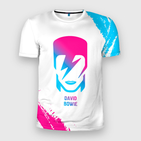 Мужская футболка 3D Slim с принтом David Bowie neon gradient style в Тюмени, 100% полиэстер с улучшенными характеристиками | приталенный силуэт, круглая горловина, широкие плечи, сужается к линии бедра | Тематика изображения на принте: 