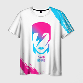 Мужская футболка 3D с принтом David Bowie neon gradient style в Тюмени, 100% полиэфир | прямой крой, круглый вырез горловины, длина до линии бедер | Тематика изображения на принте: 
