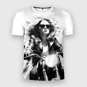 Мужская футболка 3D Slim с принтом Девушка на ретро мотоцикле в Санкт-Петербурге, 100% полиэстер с улучшенными характеристиками | приталенный силуэт, круглая горловина, широкие плечи, сужается к линии бедра | 