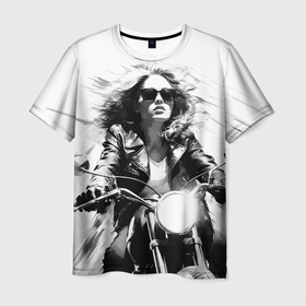 Мужская футболка 3D с принтом Девушка на ретро мотоцикле , 100% полиэфир | прямой крой, круглый вырез горловины, длина до линии бедер | 
