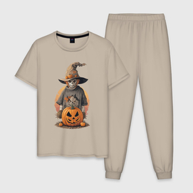 Мужская пижама хлопок с принтом Хэллоуин пугало и тыква в Санкт-Петербурге, 100% хлопок | брюки и футболка прямого кроя, без карманов, на брюках мягкая резинка на поясе и по низу штанин
 | 