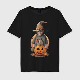 Мужская футболка хлопок Oversize с принтом Хэллоуин пугало и тыква в Белгороде, 100% хлопок | свободный крой, круглый ворот, “спинка” длиннее передней части | 