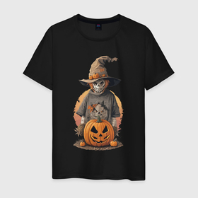 Мужская футболка хлопок с принтом Хэллоуин пугало и тыква в Кировске, 100% хлопок | прямой крой, круглый вырез горловины, длина до линии бедер, слегка спущенное плечо. | 
