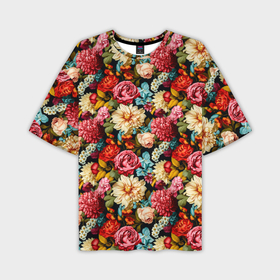 Мужская футболка oversize 3D с принтом Узор из роз и разных цветов в Кировске,  |  | Тематика изображения на принте: 