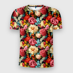 Мужская футболка 3D Slim с принтом Узор из роз и разных цветов в Кировске, 100% полиэстер с улучшенными характеристиками | приталенный силуэт, круглая горловина, широкие плечи, сужается к линии бедра | 