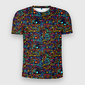 Мужская футболка 3D Slim с принтом Абстрактные разноцветные линии на черном фоне в Тюмени, 100% полиэстер с улучшенными характеристиками | приталенный силуэт, круглая горловина, широкие плечи, сужается к линии бедра | 