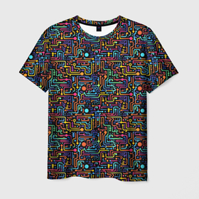 Мужская футболка 3D с принтом Абстрактные разноцветные линии на черном фоне в Тюмени, 100% полиэфир | прямой крой, круглый вырез горловины, длина до линии бедер | 