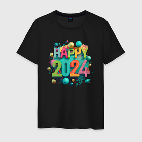 Мужская футболка хлопок с принтом Новый год 2024 в Белгороде, 100% хлопок | прямой крой, круглый вырез горловины, длина до линии бедер, слегка спущенное плечо. | 