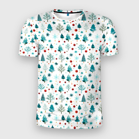 Мужская футболка 3D Slim с принтом Новогодние элементы елки снежинки шарики в Екатеринбурге, 100% полиэстер с улучшенными характеристиками | приталенный силуэт, круглая горловина, широкие плечи, сужается к линии бедра | 