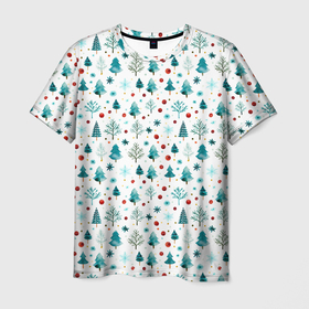 Мужская футболка 3D с принтом Новогодние элементы елки снежинки шарики в Кировске, 100% полиэфир | прямой крой, круглый вырез горловины, длина до линии бедер | 