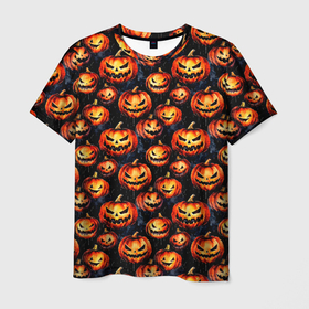 Мужская футболка 3D с принтом Весёлые тыквы на Хеллоуин паттерн в Белгороде, 100% полиэфир | прямой крой, круглый вырез горловины, длина до линии бедер | Тематика изображения на принте: 