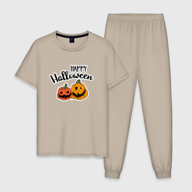 Мужская пижама хлопок с принтом Happy halloween с тыквами в Белгороде, 100% хлопок | брюки и футболка прямого кроя, без карманов, на брюках мягкая резинка на поясе и по низу штанин
 | 