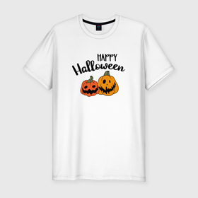 Мужская футболка хлопок Slim с принтом Happy halloween с тыквами , 92% хлопок, 8% лайкра | приталенный силуэт, круглый вырез ворота, длина до линии бедра, короткий рукав | 