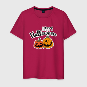 Мужская футболка хлопок с принтом Happy halloween с тыквами в Белгороде, 100% хлопок | прямой крой, круглый вырез горловины, длина до линии бедер, слегка спущенное плечо. | Тематика изображения на принте: 