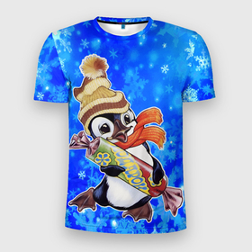 Мужская футболка 3D Slim с принтом Новогодний пингвин со снежинками в Курске, 100% полиэстер с улучшенными характеристиками | приталенный силуэт, круглая горловина, широкие плечи, сужается к линии бедра | Тематика изображения на принте: 