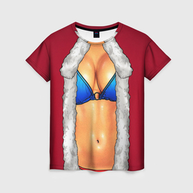 Женская футболка 3D с принтом Красный костюм секси снегурочки с грудью в Екатеринбурге, 100% полиэфир ( синтетическое хлопкоподобное полотно) | прямой крой, круглый вырез горловины, длина до линии бедер | 