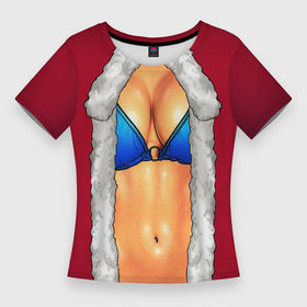 Женская футболка 3D Slim с принтом Красный костюм секси снегурочки с грудью в Тюмени,  |  | Тематика изображения на принте: 