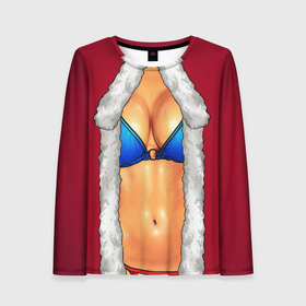 Женский лонгслив 3D с принтом Красный костюм секси снегурочки с грудью , 100% полиэстер | длинные рукава, круглый вырез горловины, полуприлегающий силуэт | 