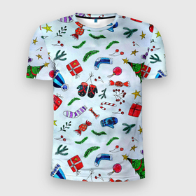 Мужская футболка 3D Slim с принтом Елочный узор с новогодними атрибутами в Екатеринбурге, 100% полиэстер с улучшенными характеристиками | приталенный силуэт, круглая горловина, широкие плечи, сужается к линии бедра | 