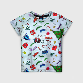 Детская футболка 3D с принтом Елочный узор с новогодними атрибутами в Екатеринбурге, 100% гипоаллергенный полиэфир | прямой крой, круглый вырез горловины, длина до линии бедер, чуть спущенное плечо, ткань немного тянется | 