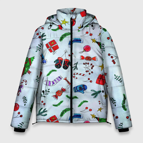 Мужская зимняя куртка 3D с принтом Елочный узор с новогодними атрибутами в Екатеринбурге, верх — 100% полиэстер; подкладка — 100% полиэстер; утеплитель — 100% полиэстер | длина ниже бедра, свободный силуэт Оверсайз. Есть воротник-стойка, отстегивающийся капюшон и ветрозащитная планка. 

Боковые карманы с листочкой на кнопках и внутренний карман на молнии. | 