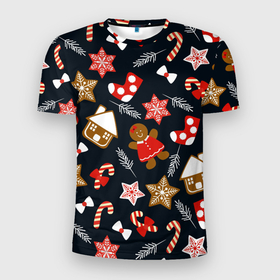 Мужская футболка 3D Slim с принтом Рождественские пряники   праздничный паттерн в Екатеринбурге, 100% полиэстер с улучшенными характеристиками | приталенный силуэт, круглая горловина, широкие плечи, сужается к линии бедра | Тематика изображения на принте: 