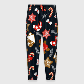 Мужские брюки 3D с принтом Рождественские пряники   праздничный паттерн , 100% полиэстер | манжеты по низу, эластичный пояс регулируется шнурком, по бокам два кармана без застежек, внутренняя часть кармана из мелкой сетки | 