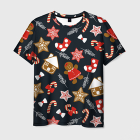 Мужская футболка 3D с принтом Рождественские пряники   праздничный паттерн в Екатеринбурге, 100% полиэфир | прямой крой, круглый вырез горловины, длина до линии бедер | Тематика изображения на принте: 