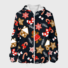 Мужская куртка 3D с принтом Рождественские пряники   праздничный паттерн в Новосибирске, ткань верха — 100% полиэстер, подклад — флис | прямой крой, подол и капюшон оформлены резинкой с фиксаторами, два кармана без застежек по бокам, один большой потайной карман на груди. Карман на груди застегивается на липучку | 