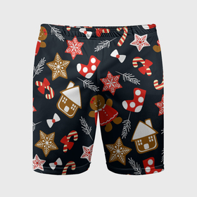 Мужские шорты спортивные с принтом Рождественские пряники   праздничный паттерн в Петрозаводске,  |  | Тематика изображения на принте: 