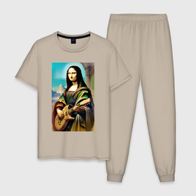 Мужская пижама хлопок с принтом Мона Лиза лабает на гитаре в Белгороде, 100% хлопок | брюки и футболка прямого кроя, без карманов, на брюках мягкая резинка на поясе и по низу штанин
 | 