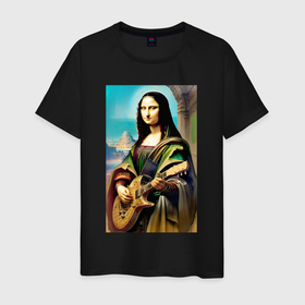 Мужская футболка хлопок с принтом Мона Лиза лабает на гитаре в Екатеринбурге, 100% хлопок | прямой крой, круглый вырез горловины, длина до линии бедер, слегка спущенное плечо. | 