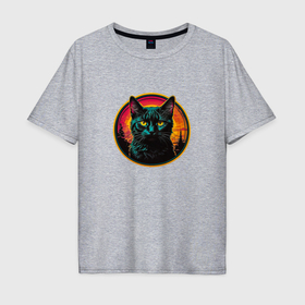 Мужская футболка хлопок Oversize с принтом Морда черного кота в кругу в Екатеринбурге, 100% хлопок | свободный крой, круглый ворот, “спинка” длиннее передней части | 