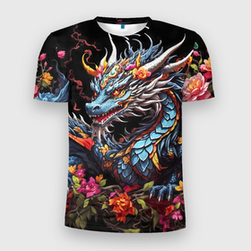Мужская футболка 3D Slim с принтом Дракон в цветах в китайском стиле в Тюмени, 100% полиэстер с улучшенными характеристиками | приталенный силуэт, круглая горловина, широкие плечи, сужается к линии бедра | 