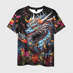 Мужская футболка 3D с принтом Дракон в цветах в китайском стиле в Белгороде, 100% полиэфир | прямой крой, круглый вырез горловины, длина до линии бедер | Тематика изображения на принте: 