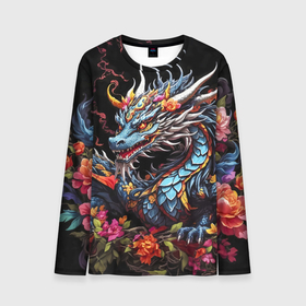 Мужской лонгслив 3D с принтом Дракон в цветах в китайском стиле в Курске, 100% полиэстер | длинные рукава, круглый вырез горловины, полуприлегающий силуэт | 