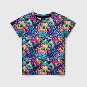 Детская футболка 3D с принтом Разноцветные причудливые волны в Екатеринбурге, 100% гипоаллергенный полиэфир | прямой крой, круглый вырез горловины, длина до линии бедер, чуть спущенное плечо, ткань немного тянется | Тематика изображения на принте: 