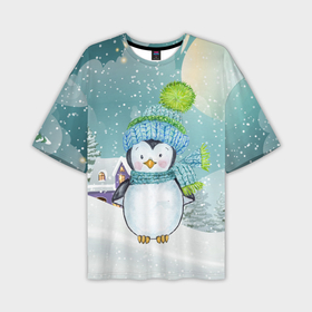 Мужская футболка oversize 3D с принтом Новогодний  пингвин в Белгороде,  |  | Тематика изображения на принте: 