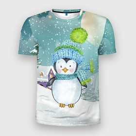 Мужская футболка 3D Slim с принтом Новогодний  пингвин в Кировске, 100% полиэстер с улучшенными характеристиками | приталенный силуэт, круглая горловина, широкие плечи, сужается к линии бедра | 