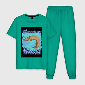 Мужская пижама хлопок с принтом Siberian fishing в Белгороде, 100% хлопок | брюки и футболка прямого кроя, без карманов, на брюках мягкая резинка на поясе и по низу штанин
 | Тематика изображения на принте: 