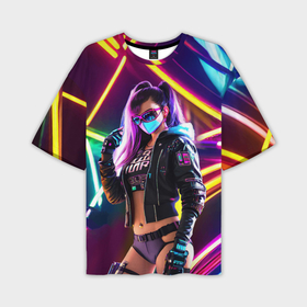 Мужская футболка oversize 3D с принтом Cool girl   cyberpunk   neon glow в Тюмени,  |  | Тематика изображения на принте: 