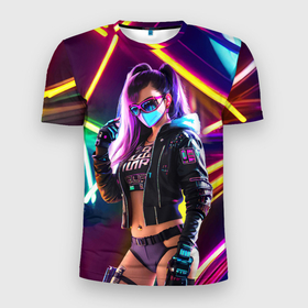 Мужская футболка 3D Slim с принтом Cool girl   cyberpunk   neon glow в Тюмени, 100% полиэстер с улучшенными характеристиками | приталенный силуэт, круглая горловина, широкие плечи, сужается к линии бедра | Тематика изображения на принте: 