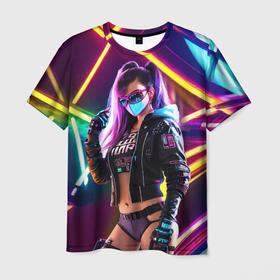 Мужская футболка 3D с принтом Cool girl   cyberpunk   neon glow , 100% полиэфир | прямой крой, круглый вырез горловины, длина до линии бедер | 