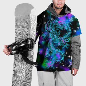 Накидка на куртку 3D с принтом Неоновый дракон в снежинках в Кировске, 100% полиэстер |  | 