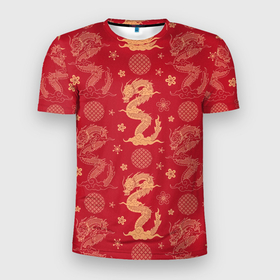Мужская футболка 3D Slim с принтом Азиатские драконы   классика в Новосибирске, 100% полиэстер с улучшенными характеристиками | приталенный силуэт, круглая горловина, широкие плечи, сужается к линии бедра | Тематика изображения на принте: 