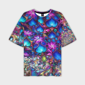 Мужская футболка oversize 3D с принтом Абстракция синие листья и фиолетовый цветы ,  |  | 