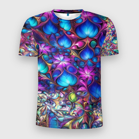 Мужская футболка 3D Slim с принтом Абстракция синие листья и фиолетовый цветы в Белгороде, 100% полиэстер с улучшенными характеристиками | приталенный силуэт, круглая горловина, широкие плечи, сужается к линии бедра | 