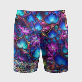 Мужские шорты спортивные с принтом Абстракция синие листья и фиолетовый цветы ,  |  | Тематика изображения на принте: 