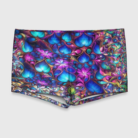 Мужские купальные плавки 3D с принтом Абстракция синие листья и фиолетовый цветы в Курске, Полиэстер 85%, Спандекс 15% |  | 